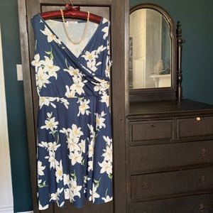 Blue Wrap Dress with White and Yellow Flowers